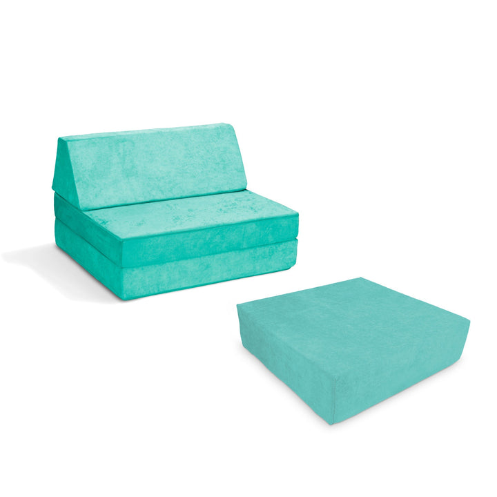 Go Coconut Half-Coconut Maxi Bundle modular kids' play couch and indoor bounce pad in Tropical Teal, a vibrant teal Canadian-made compact foam play set with CertiPUR-certified foam