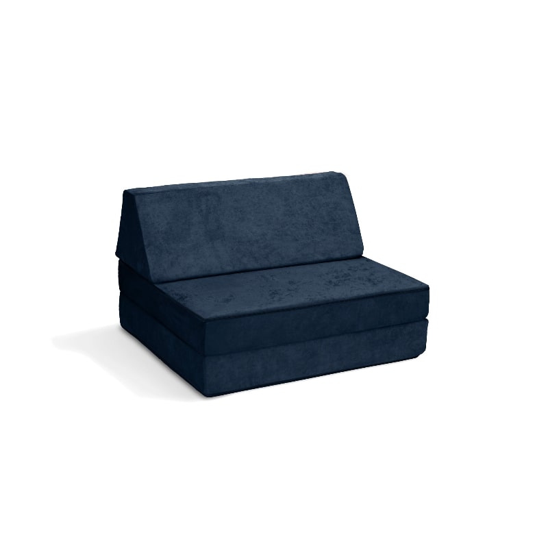 Go Coconut Half Coconut compact modular play couch in Midnight Tide deep blue, landscape view of the base and beam sensory furniture