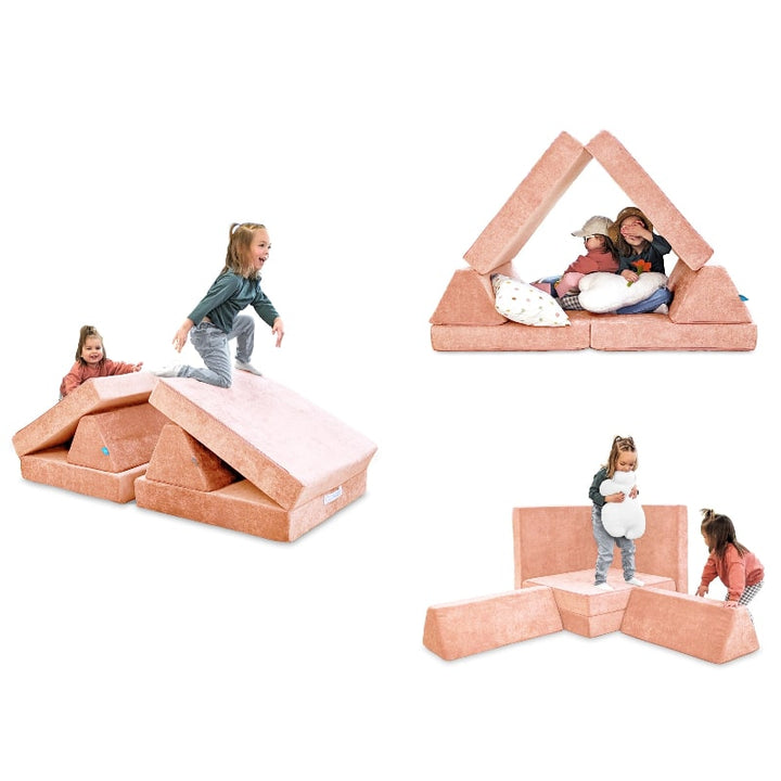 Go Coconut Half Coconut in Peach Party showing three modular build configurations for gross motor and sensory kids play