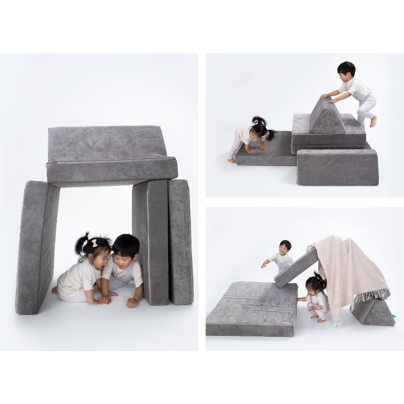 Go Coconut Half Coconut in Rhino Tango showing three modular build options for active, sensory and imaginative kids play