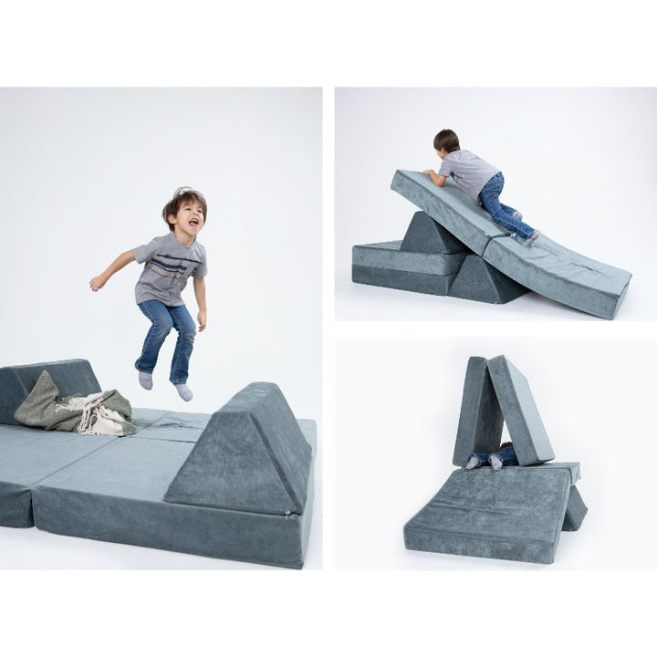 Go Coconut Half Coconut in River Stone showing three modular configurations for creative, gross motor and sensory play