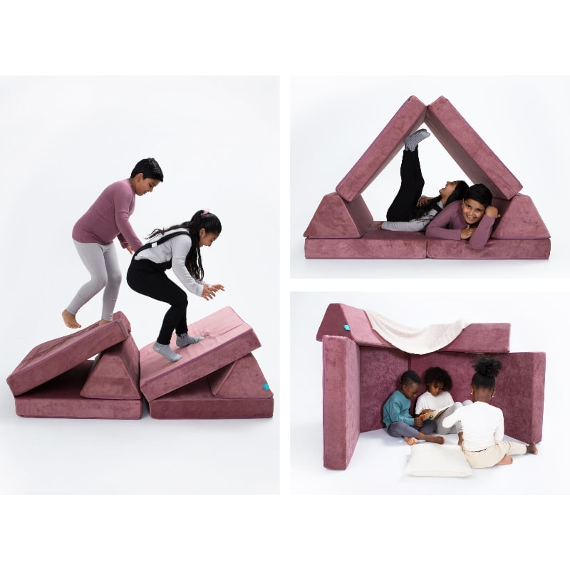 Go Coconut Half Coconut in Rose Blush showing three modular configurations for gross motor, sensory and creative kids play