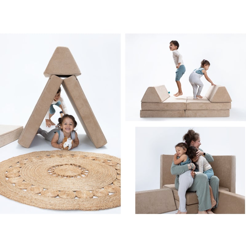 Go Coconut Half Coconut in Sand Dune showing three modular build configurations for sensory and imaginative active play