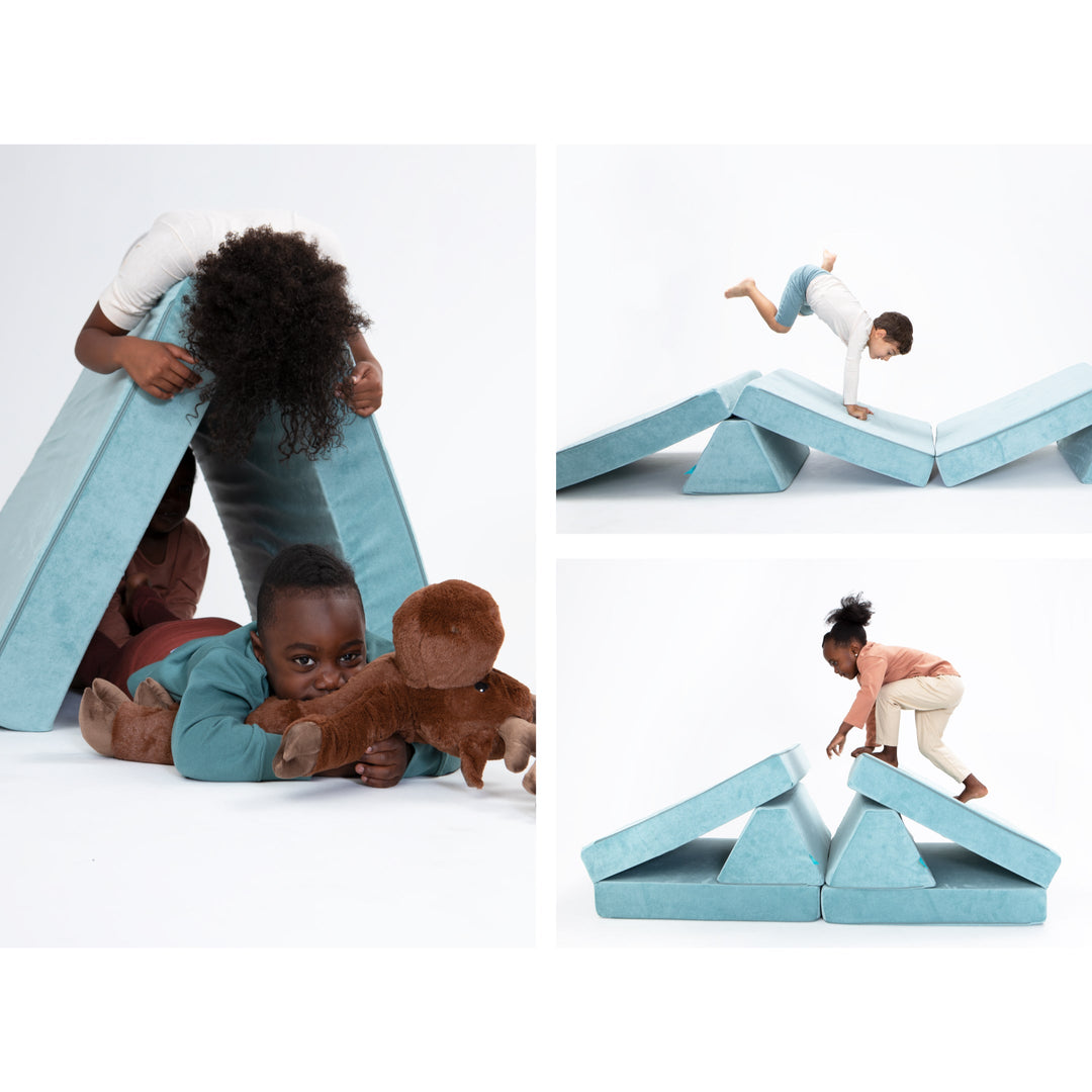 Go Coconut Half Coconut in Sea Berry showing three modular build configurations for active, sensory and imaginative kids play