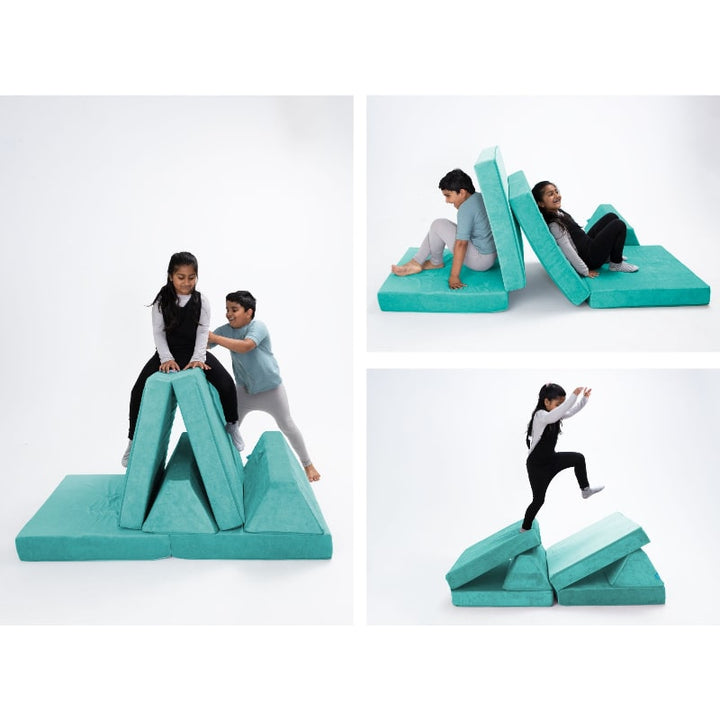 Go Coconut Half Coconut in Tropical Teal showing three modular build options for sensory, vestibular and imaginative play