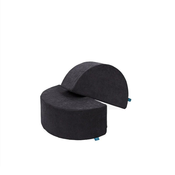 Go Coconut Half-Moon 2 Pack in Charcoal Chill showing the two curved foam modules with Durable Micro Velveteen covers, each 30x15x10in, made in Canada with lifetime warranty