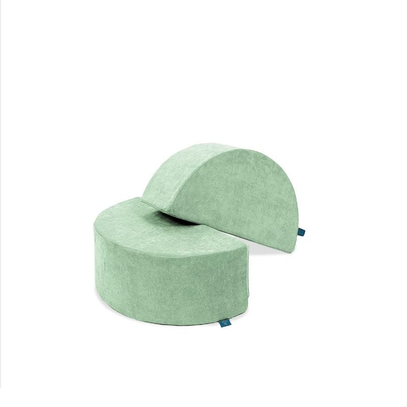 Go Coconut Half-Moon 2 Pack in Cool Cucumber showing both CertiPUR foam arch modules (30x15x10in each) for vestibular rocking and active balance play, 100% made in Canada