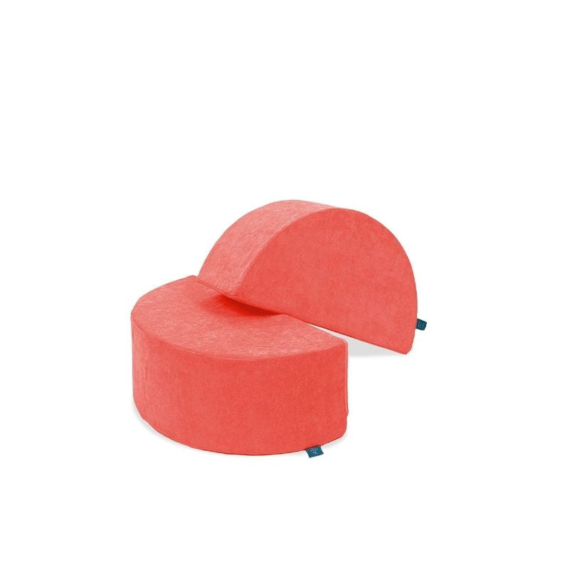 Go Coconut Half-Moon 2 Pack in Coral Crush showing the paired curved foam arch pieces with Durable Micro Velveteen covers for vestibular and balance play