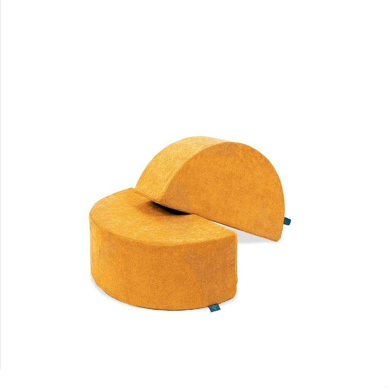 Go Coconut Half-Moon 2 Pack in Honey Hop showing the two curved foam arch pieces for rocking, balance, coffee table, and playhouse roof configurations with Go Coconut