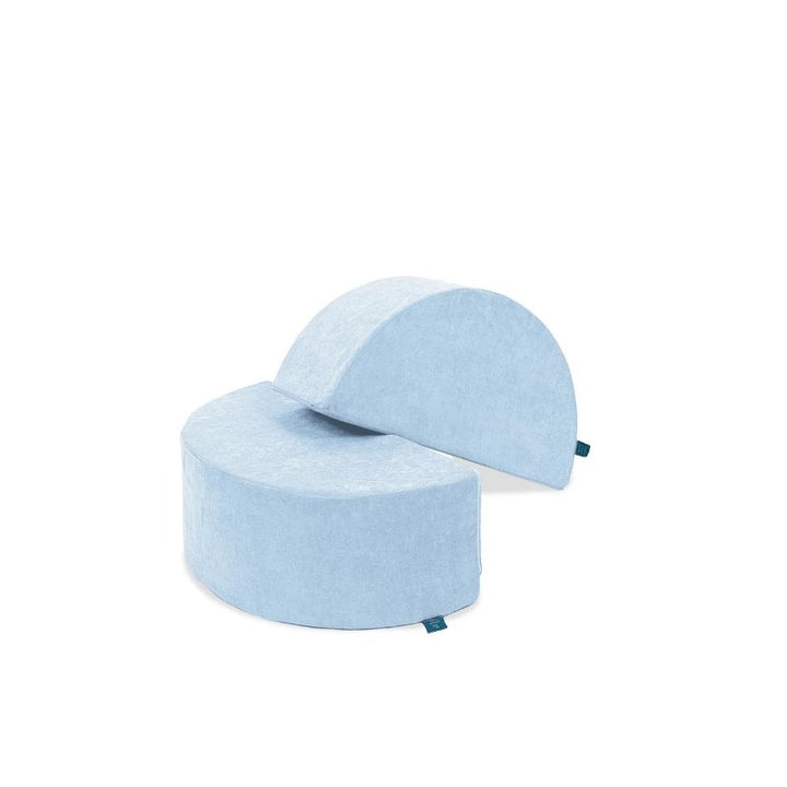 Go Coconut Half-Moon 2 Pack in Polar Plush showing both curved foam arch modules (30x15x10in each) that function as rockers, balance platforms, coffee tables, or paired playhouse roof arches, 100% made in Canada