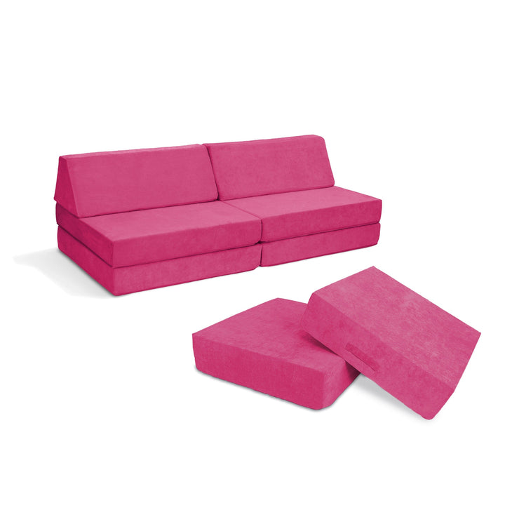Go Coconut Maxi Bundle in Pitaya Punch showing the modular foam kids' play couch and Cocohop Bounce Pad for indoor play