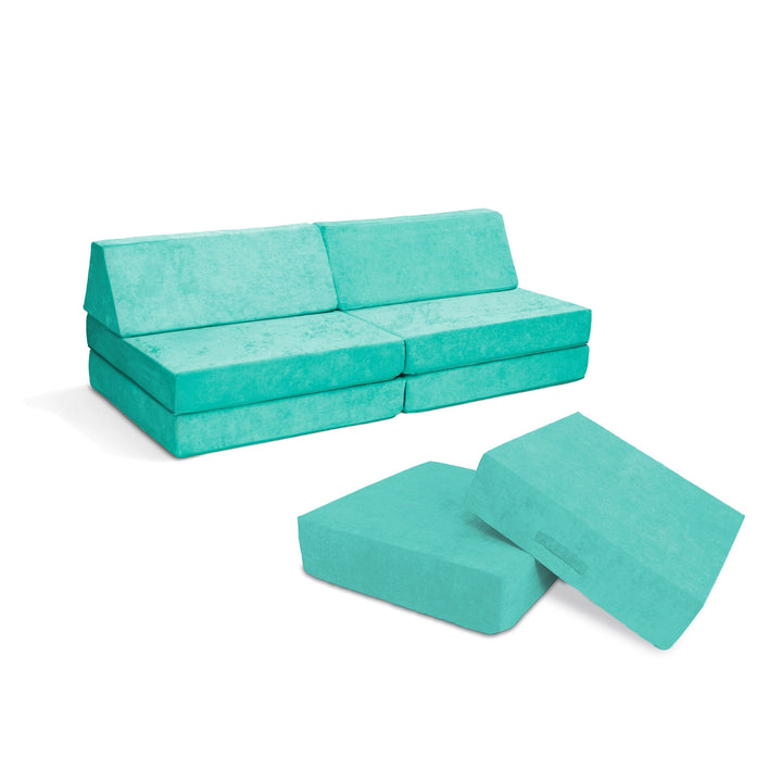 Go Coconut Maxi Bundle in Tropical Teal showing the 14-piece modular kids' play couch and indoor bounce pad set