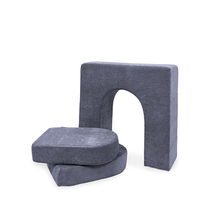 Go Coconut Wall 10" & Doors Set in Cuddly Koala showing the 10-inch thick foam wall with crawl-through hole and two matching doors, compatible with all Go Coconut modules for fort building play