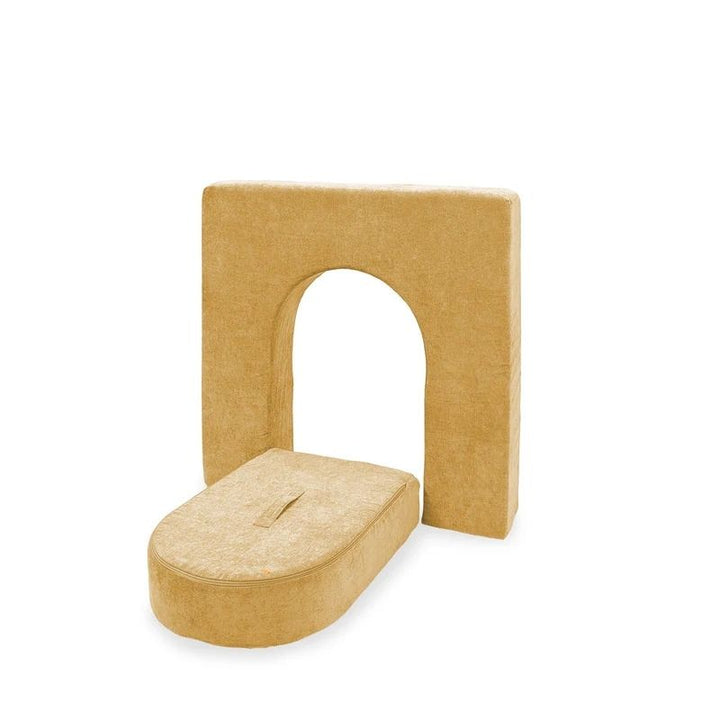 Go Coconut Wall 5" & Door Set in Mango Blast showing the CertiPUR foam wall and door with machine-washable Durable Micro Velveteen cover, available as 1 or 2 sets for fort building play