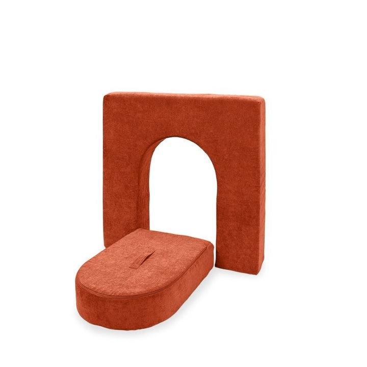Go Coconut Wall 5" & Door Set in Terracotta Twirl showing the lightweight foam wall and door piece with Durable Micro Velveteen cover for play couch wall expansion, 100% made in Canada