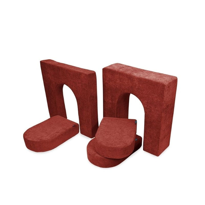 Go Coconut Walls and Doors Bundle in Brick Red showing the 5 foam pieces with 10in and 5in wall heights and 3 door modules for building enclosed forts and imaginative play spaces with The Coconut