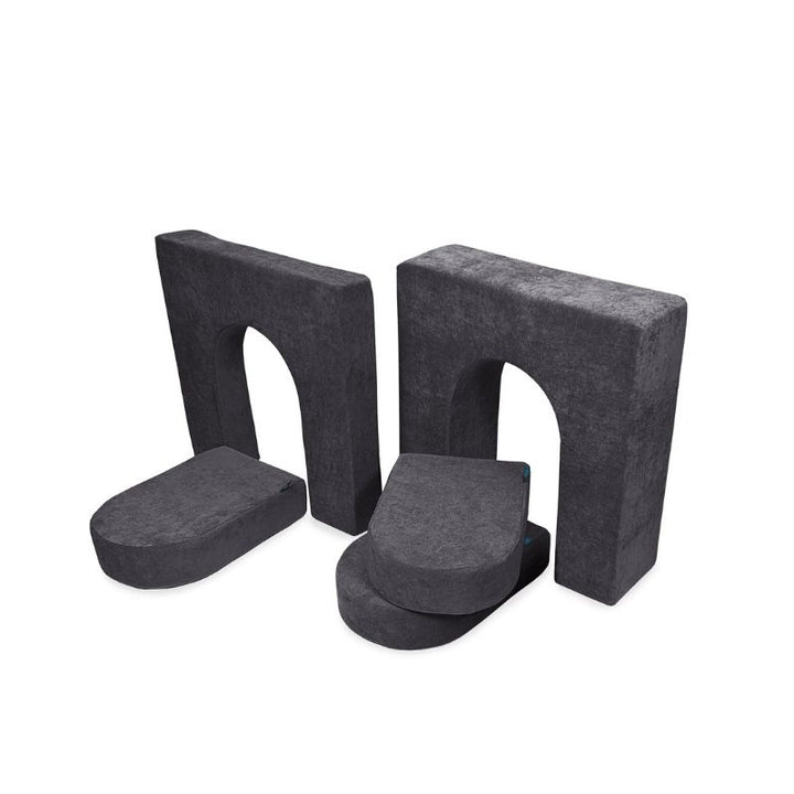 Go Coconut Walls and Doors Bundle in Charcoal Chill showing the 10in thick wall, 5in thin wall, and 3 door foam pieces for building enclosed forts and rooms with The Coconut modular play couch
