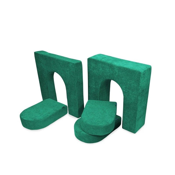Go Coconut Walls and Doors Bundle in Forest Fern showing the 5-piece foam fort building module set with 30x30in walls and door pieces for enclosed play space creation with the Go Coconut play couch