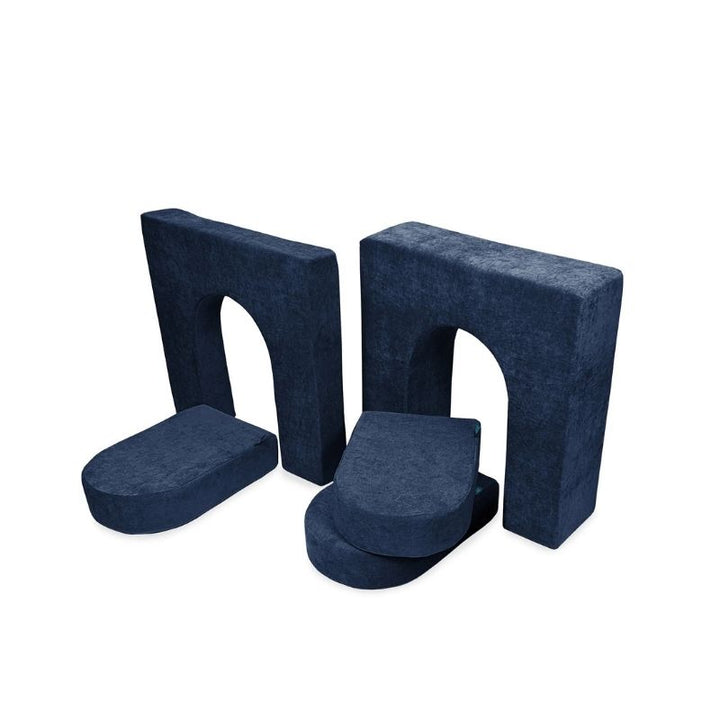 Go Coconut Walls and Doors Bundle in Midnight Tide showing the 10in thick wall and 5in thin wall foam modules with 3 door pieces for creative fort and enclosed space building with the Go Coconut play couch