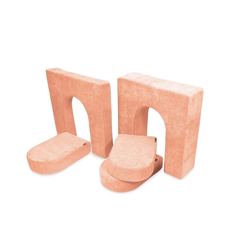 Go Coconut Walls and Doors Bundle in Peach Party showing the 30x30in CertiPUR foam wall and door modules made in Canada for creative fort building and sensory enclosed space play