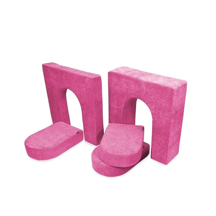 Go Coconut Walls and Doors Bundle in Pitaya Punch showing the 5-piece foam wall and door module set made in Canada with machine-washable Durable Micro Velveteen covers and lifetime warranty