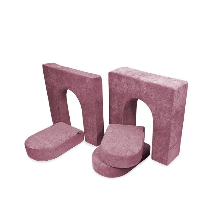 Go Coconut Walls and Doors Bundle in Rose Blush showing the 5-piece Durable Micro Velveteen foam module set for creative fort building, enclosed room play, and sensory space expansion