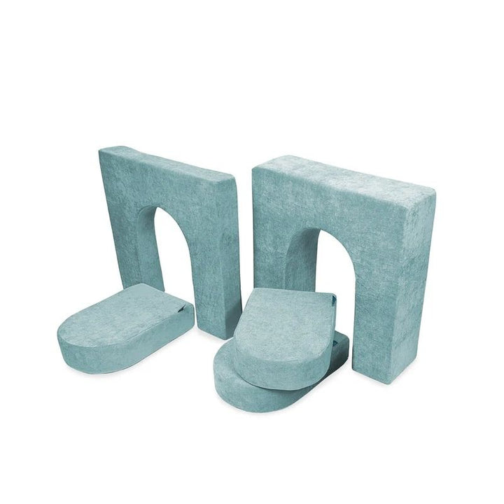 Go Coconut Walls and Doors Bundle in Sea Berry showing the 5 CertiPUR foam pieces including 10in and 5in walls and 3 door modules for enclosed fort and multi-room play couch configurations