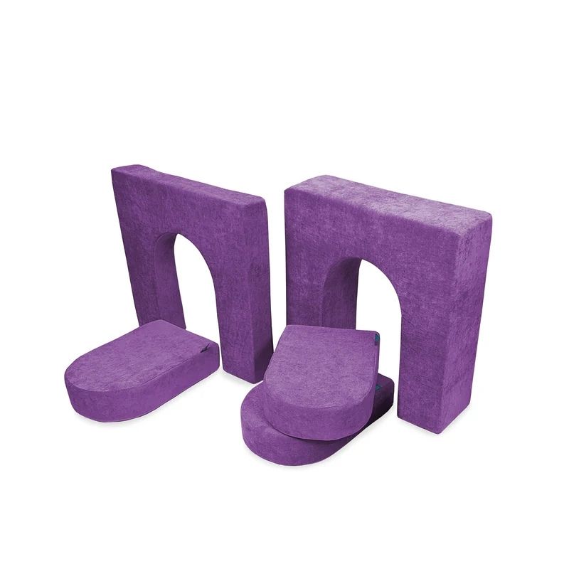 Go Coconut Walls and Doors Bundle in Violet showing the 5-piece foam module set with distinct 10-inch and 5-inch wall thicknesses and three door pieces for multi-room play couch fort configurations