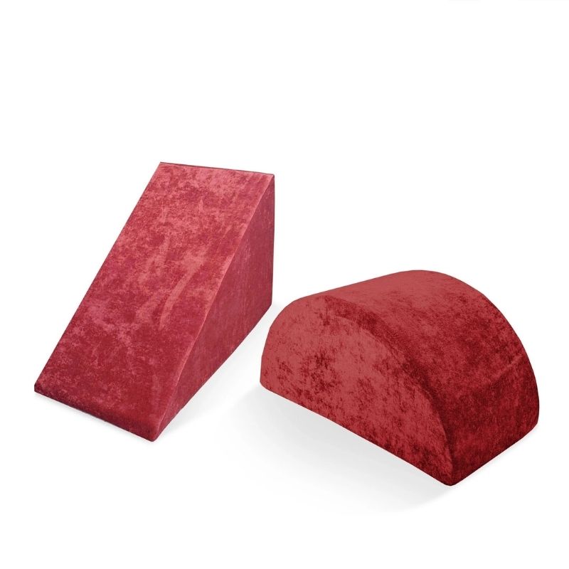 Go Coconut Wedge & Mega Rocker Bundle in Cherry Swirl showing the triangular Wedge incline and curved Mega Rocker balance arch for active play and vestibular sensory input