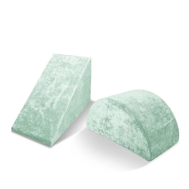 Go Coconut Wedge & Mega Rocker Bundle in Cool Cucumber showing the foam Wedge (20x30x15in) and Mega Rocker (30x15x15in) for sliding, climbing, rocking, and vestibular balance development