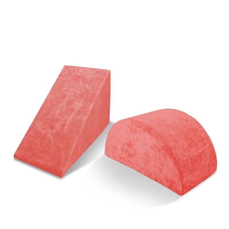 Go Coconut Wedge & Mega Rocker Bundle in Coral Crush showing the foam Wedge incline and Mega Rocker balance rocker arch for active movement play and proprioceptive sensory input
