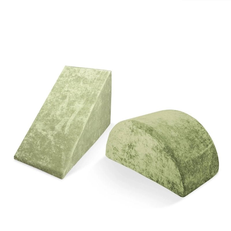 Go Coconut Wedge & Mega Rocker Bundle in Kiwi Swing showing the triangular foam Wedge and curved arch Mega Rocker active play shapes for sliding, climbing, rocking, and gross motor development