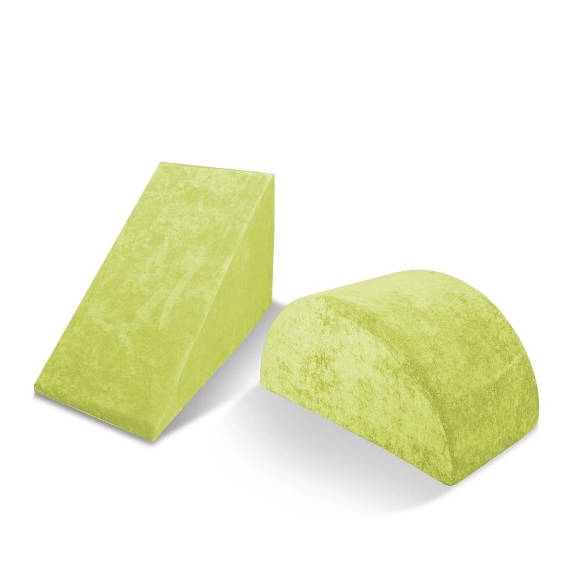 Go Coconut Wedge & Mega Rocker Bundle in Lima Limon showing the foam Wedge and Mega Rocker active play shapes for sliding, rocking, and vestibular balance development, 100% made in Canada