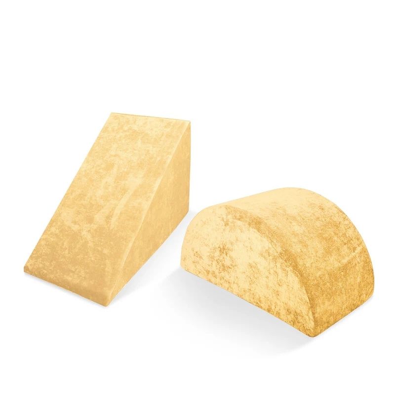 Go Coconut Wedge & Mega Rocker Bundle in Mango Blast showing the 2-piece CertiPUR foam active play set with the foam Wedge slide and Mega Rocker balance rocker, 100% made in Canada