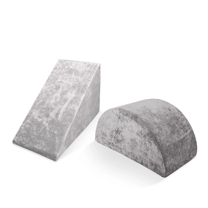 Go Coconut Wedge & Mega Rocker Bundle in Rhino Tango showing both pieces of the active play set - the triangular foam Wedge and curved arch Mega Rocker - made in Canada with Durable Micro Velveteen covers