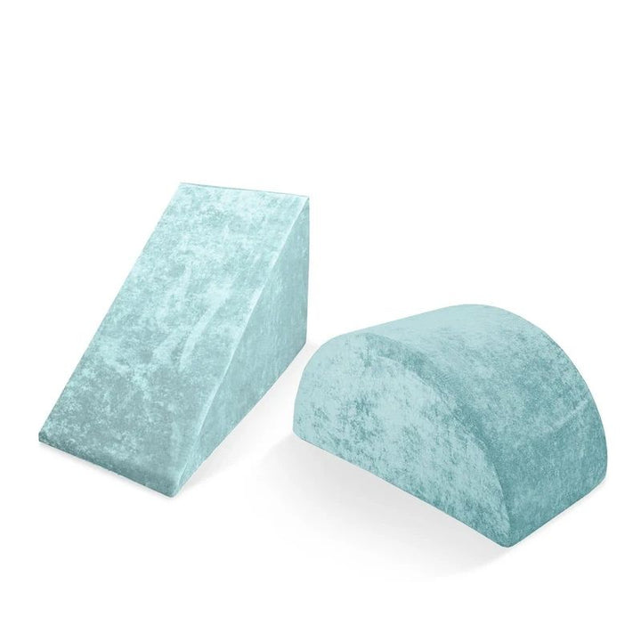 Go Coconut Wedge & Mega Rocker Bundle in Sea Berry showing the CertiPUR foam Wedge and Mega Rocker 2-piece active play set for sliding, rocking, and proprioceptive balance development
