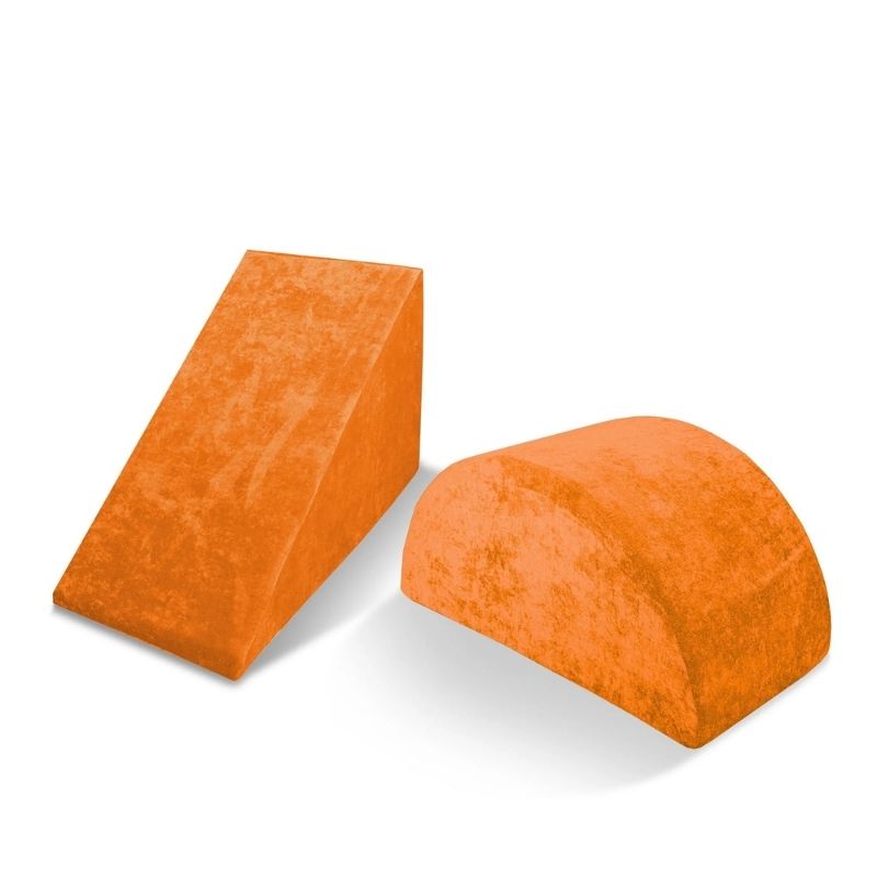 Go Coconut Wedge & Mega Rocker Bundle in Twisty Tangerine showing the CertiPUR foam Wedge and Mega Rocker 2-piece active play set made 100% in Canada with machine-washable covers