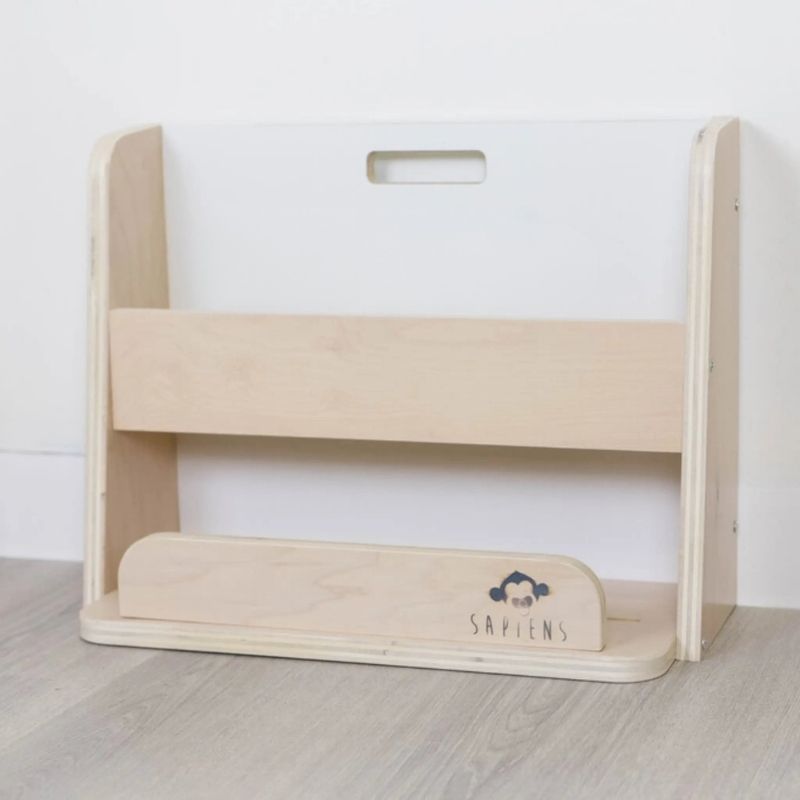 Sapiens Child Guava Montessori Bookshelf clean front view showing the open forward-facing book display design, eco-friendly wood construction, and compact 15.2 inch height for toddler access