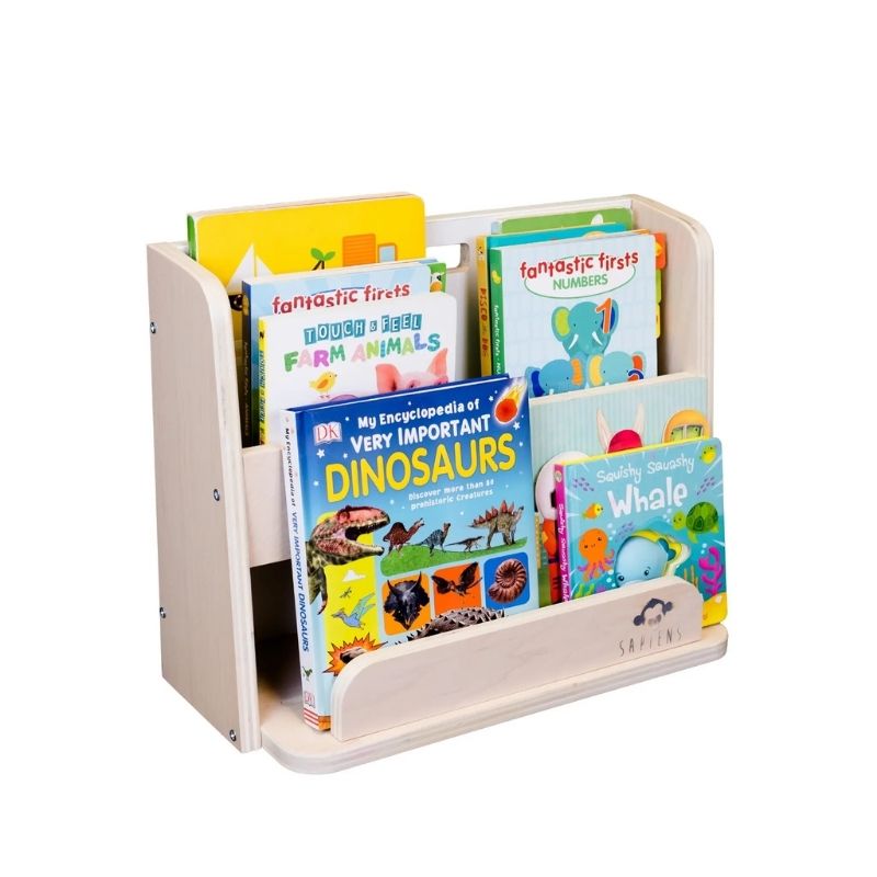 Sapiens Child Guava Montessori Bookshelf landscape view showing the forward-facing book display design made in Vancouver Canada for toddlers aged 9 months to 4 years