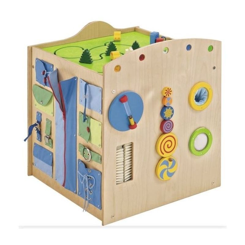 HABA Pro Multi Learning Cube birch veneer construction detail - commercial-grade German-made wooden sensory cube with solvent-free water-based lacquer finish
