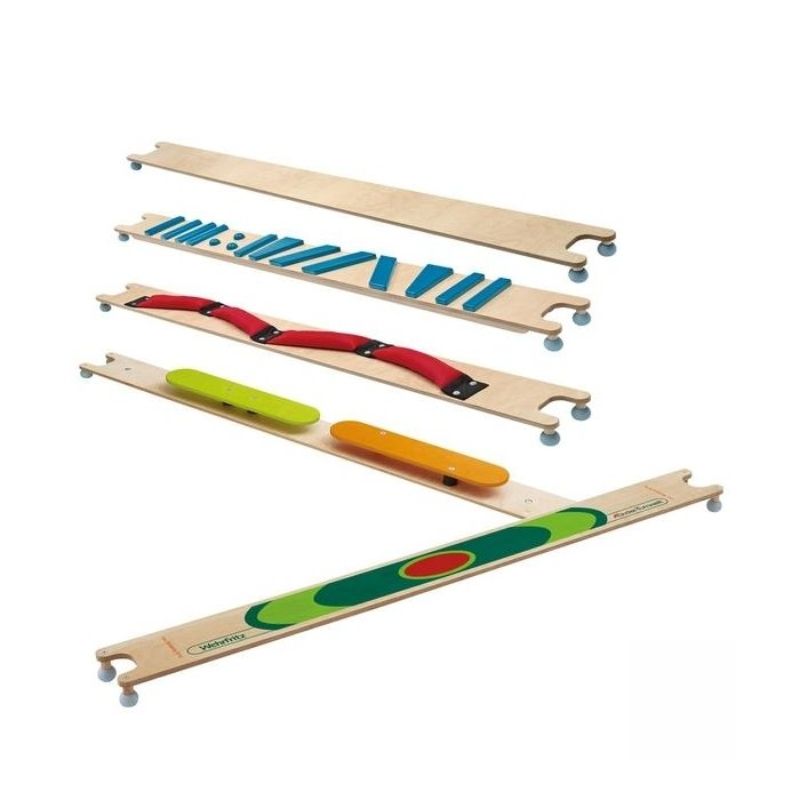 HABA Pro 5 Balancing Board Set showing all five birch wood balancing paths arranged for a full gross motor course
