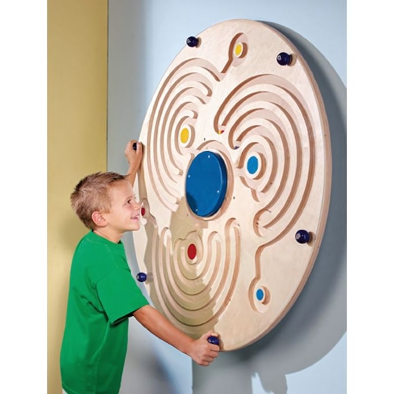 HABA Pro Large Ball Labyrinth Wall Activity showing rotating disc mechanism and steel ball maze, sensory wall panel for waiting rooms and early learning centres