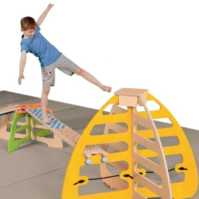 HABA Pro Fakir sensory balancing board with rubber ball corner feet visible, designed for slip-resistant floor-safe use in schools, therapy rooms, and home play spaces