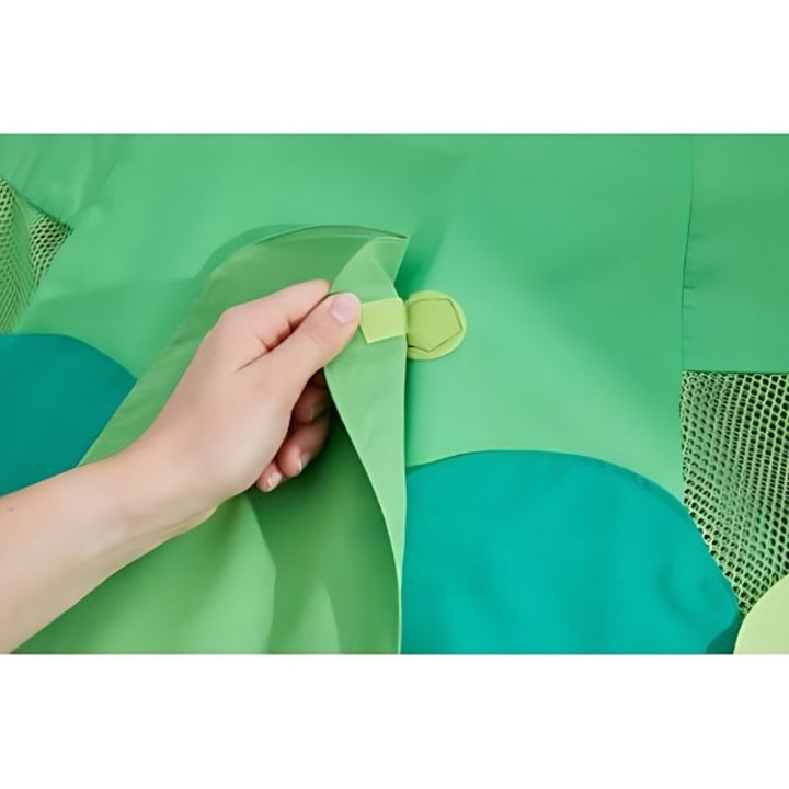 Close-up of the hook and loop strip attachment on the HABA Pro Canopy Retreat Cave canopy and curtain