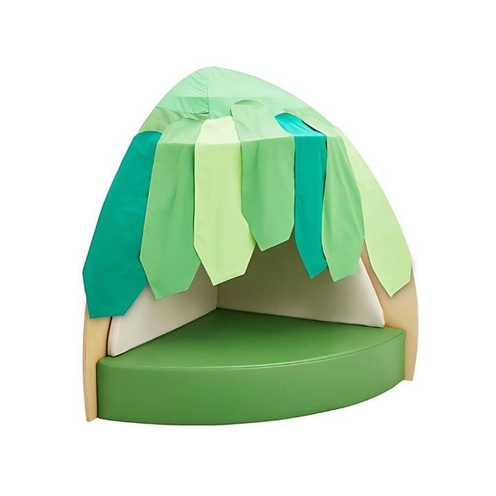 HABA Pro Grow.upp children's play cave open view showing the padded synthetic leather seat and leaf canopy detail