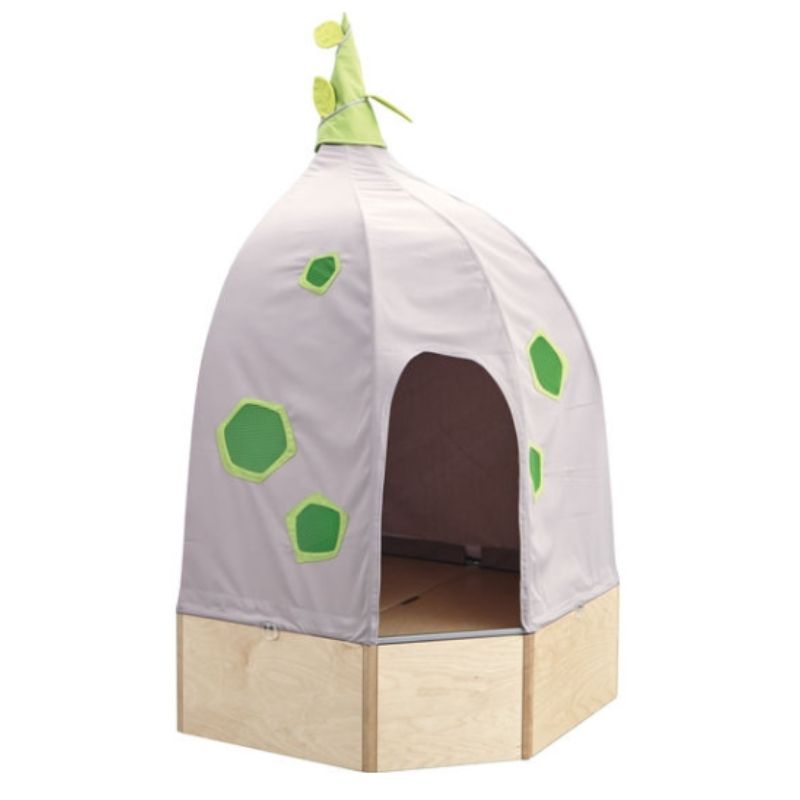 Side view of the HABA Pro Grow.upp Corner Cave Bundle showing the onion-shaped fabric cave cover sitting atop the sensory bath platform