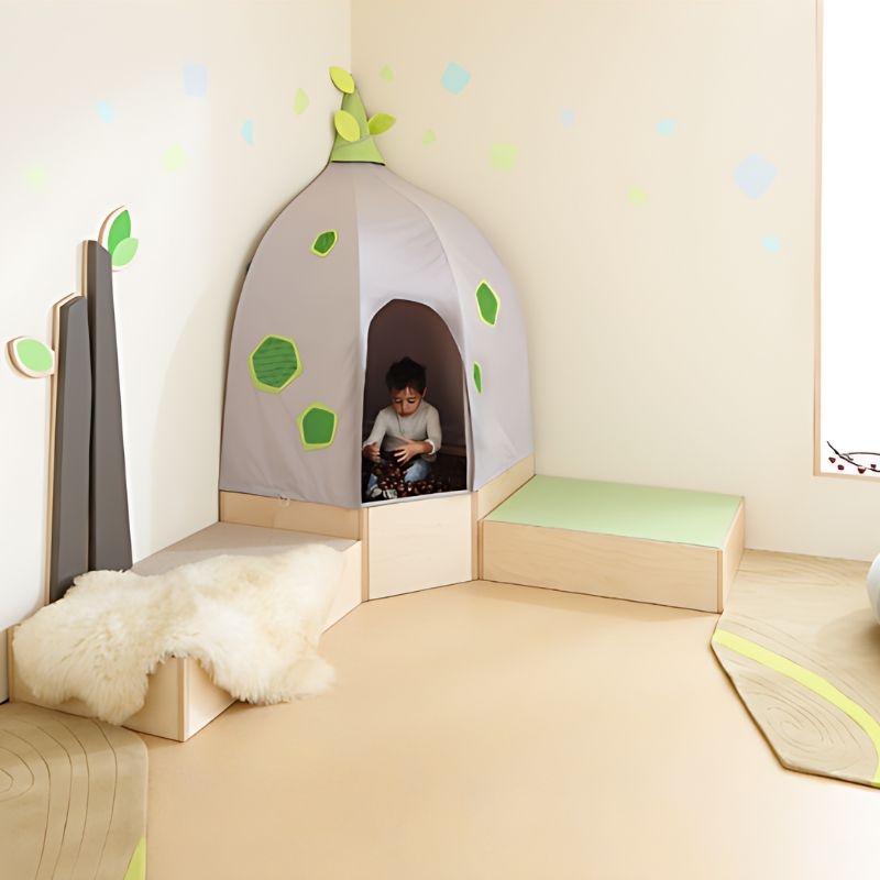 HABA Pro Grow.upp Sensory Bath Corner Cave Bundle fully assembled in a room corner, showing the complete calm corner sensory retreat