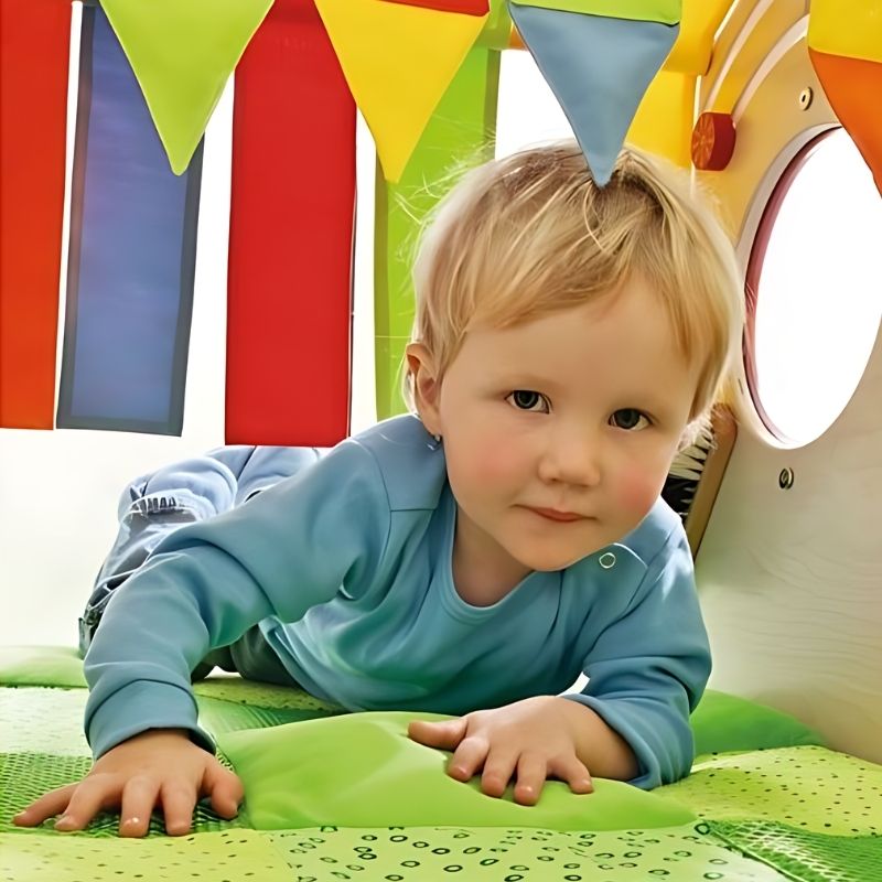HABA Pro Sensory Discovery Snail from a 3/4 angle showing the birch wood frame structure and fabric-covered body with tactile exploration elements for toddler sensory play