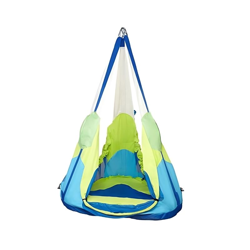 HABA Pro Swing Thing Cave hanging as a vestibular sensory swing, showing the enclosed cave-style design for therapy and calm