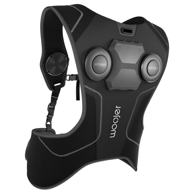 Angled back view of the Woojer Vest 4 haptic vest showing its two rear haptic zones, USB-C port and ergonomic vibroacoustic wearable design